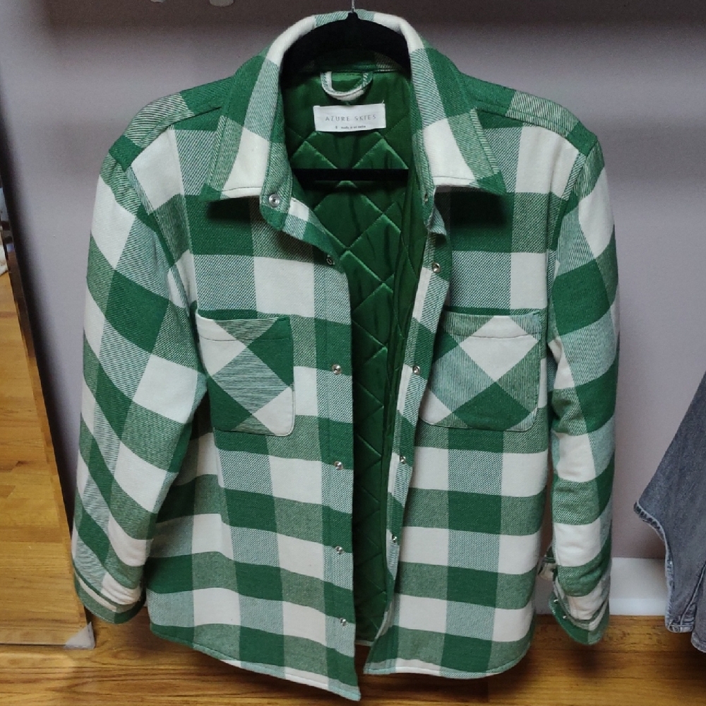 Green and Cream Plaid Shirt Jacket